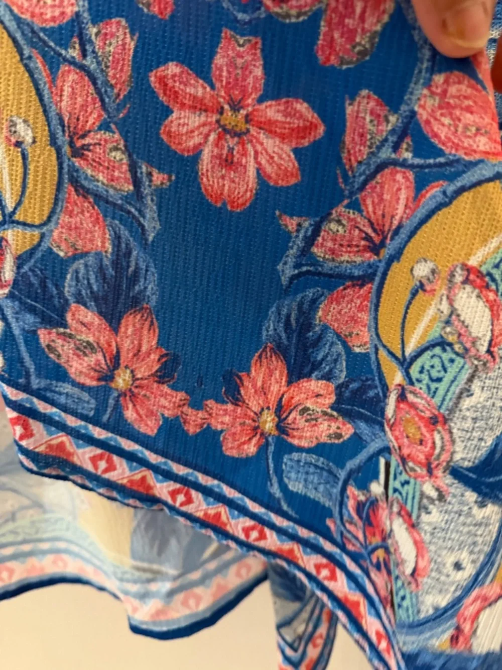 Jealous Tomato Blue Floral Paisley Open Front Kimono Cardigan Handkerchief Hem S